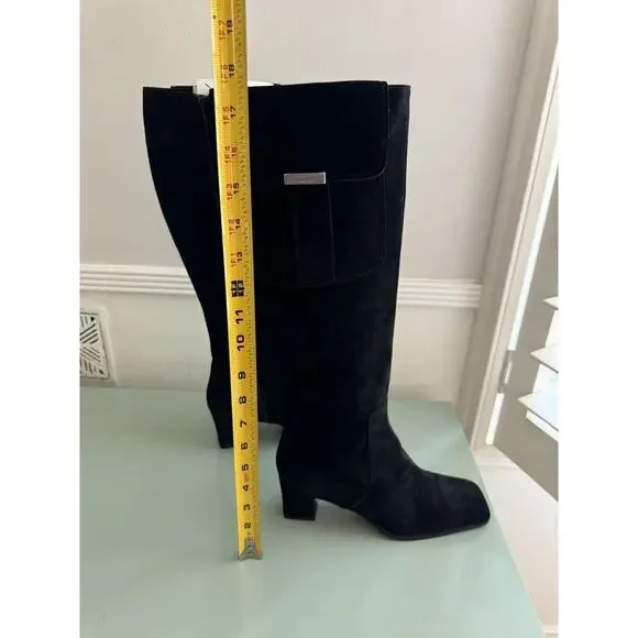 YVES SAINT LAURENT VTG Square Toe Black Suede Knee Boots Block Heels Sz 7.5 YSL - Picture 15 of 16